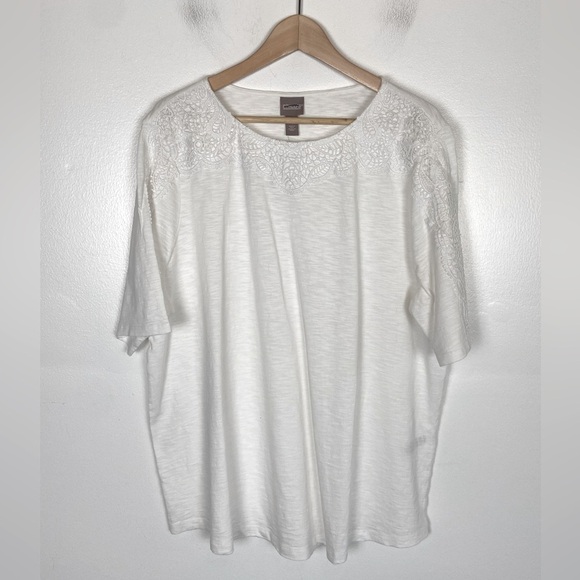 Chico's Lacy Crochet Short Sleeves Top Size 4 US XXL White Classic Minimalist - Picture 1 of 8